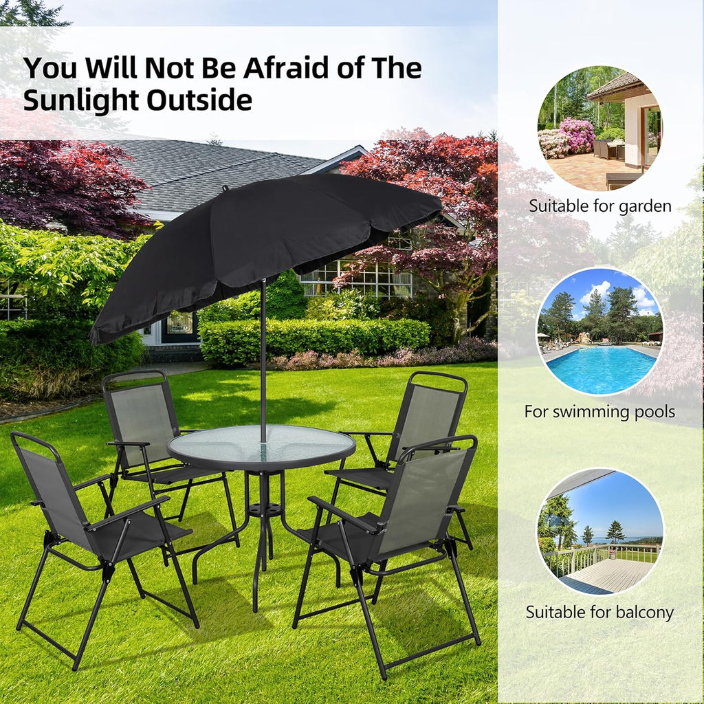 Vongrasig 6 Piece Folding Patio Dining Set,Small Metal Outdoor Garden Patio Table and Chair Set w/Umbrella for Lawn,Deck,Backyard,Black wourant