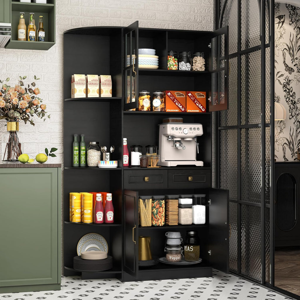 Kitchen Hutch Pantry Cabinet 71" Tall with Glass Doors wourant