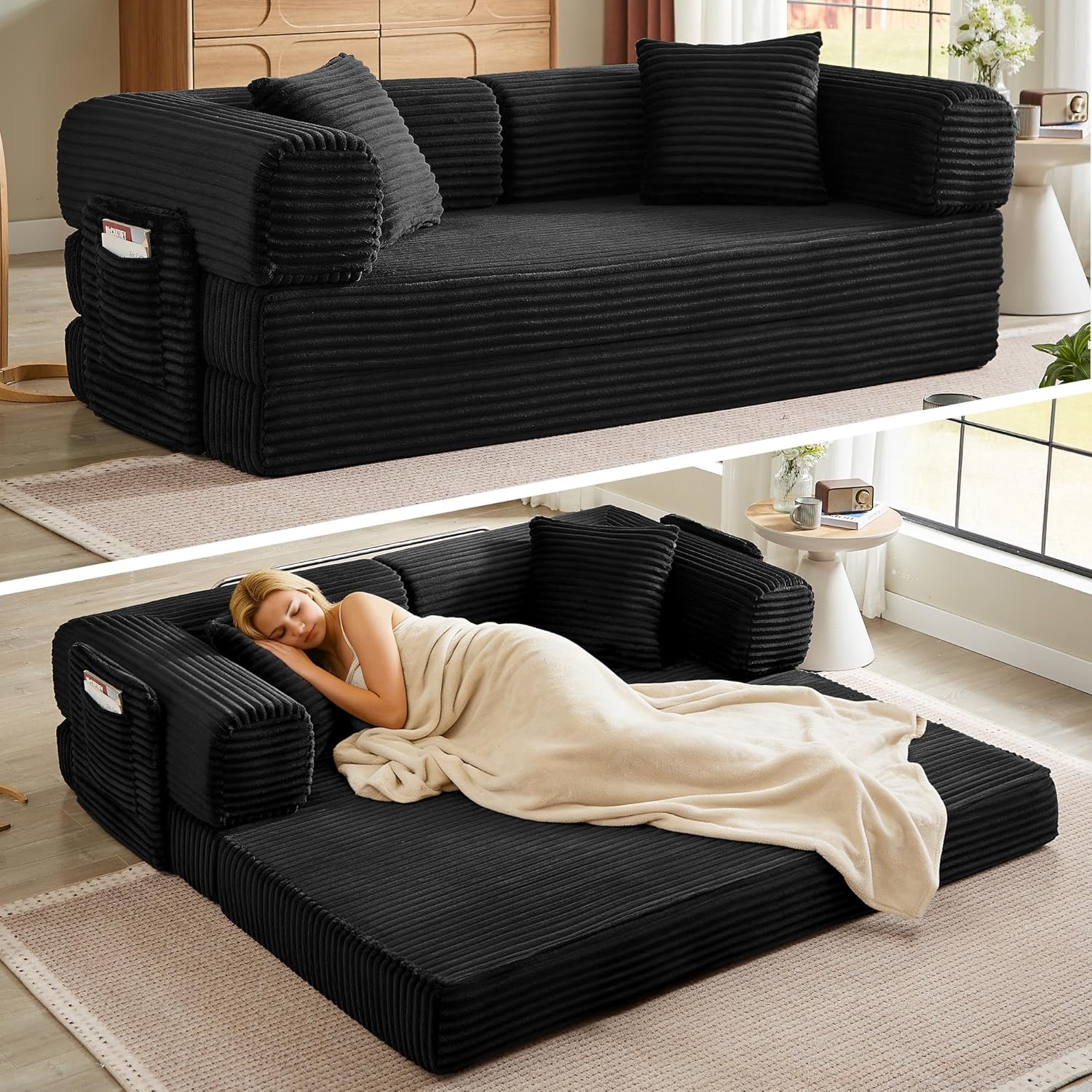 Boneless Couch Folding Couches for Living Room Sofa, Futon Sofa Bed with Sleeper Sofa, Futon Couch with Fixed-Shape Oversized Corduroy Upholstered (White, 81 Inches) wourant