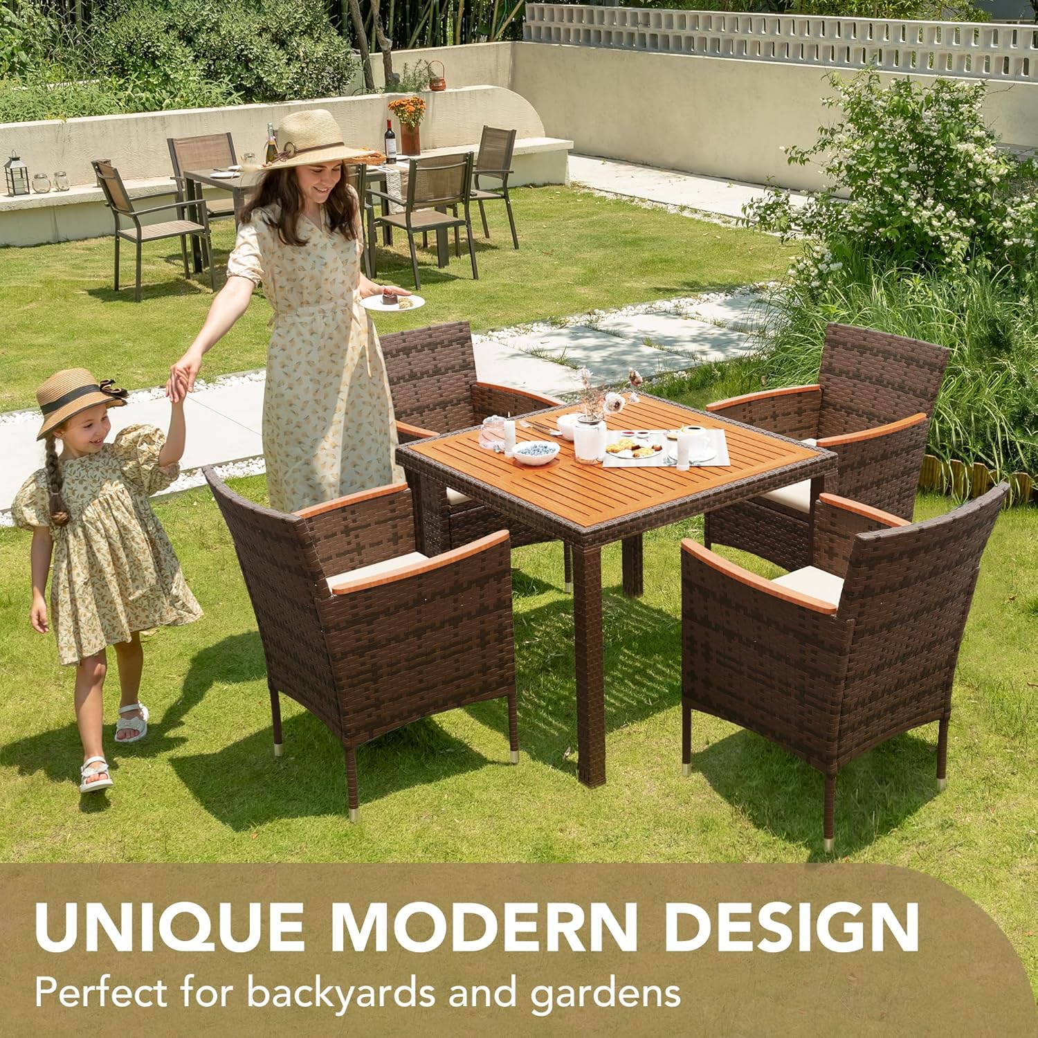 Devoko Dining 7 PCS Furniture, Patio Conversation Set with Acacia Wood Table Top, Rattan Outdoor, Black wourant