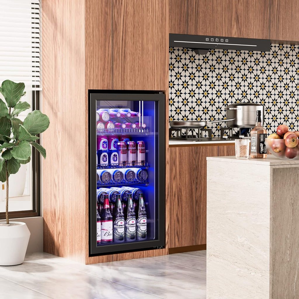 Beverage Refrigerator Cooler-120 Cans Freestanding Mini Fridge Cooler with Glass Door wourant