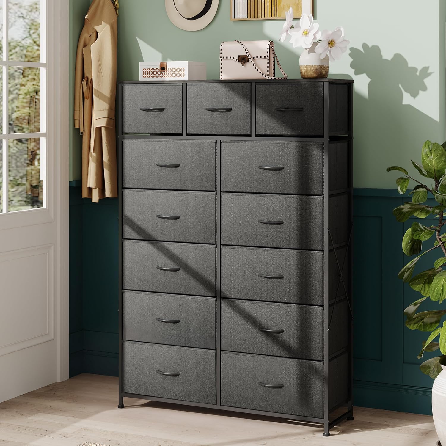 WLIVE Storage Organizer Unit with 13 Fabric Bins, Storage Drawers Organizer with Steel Frame, Tall Storage Tower Organizaton for Living Room, Hallway, Office, Charcoal Black wourant