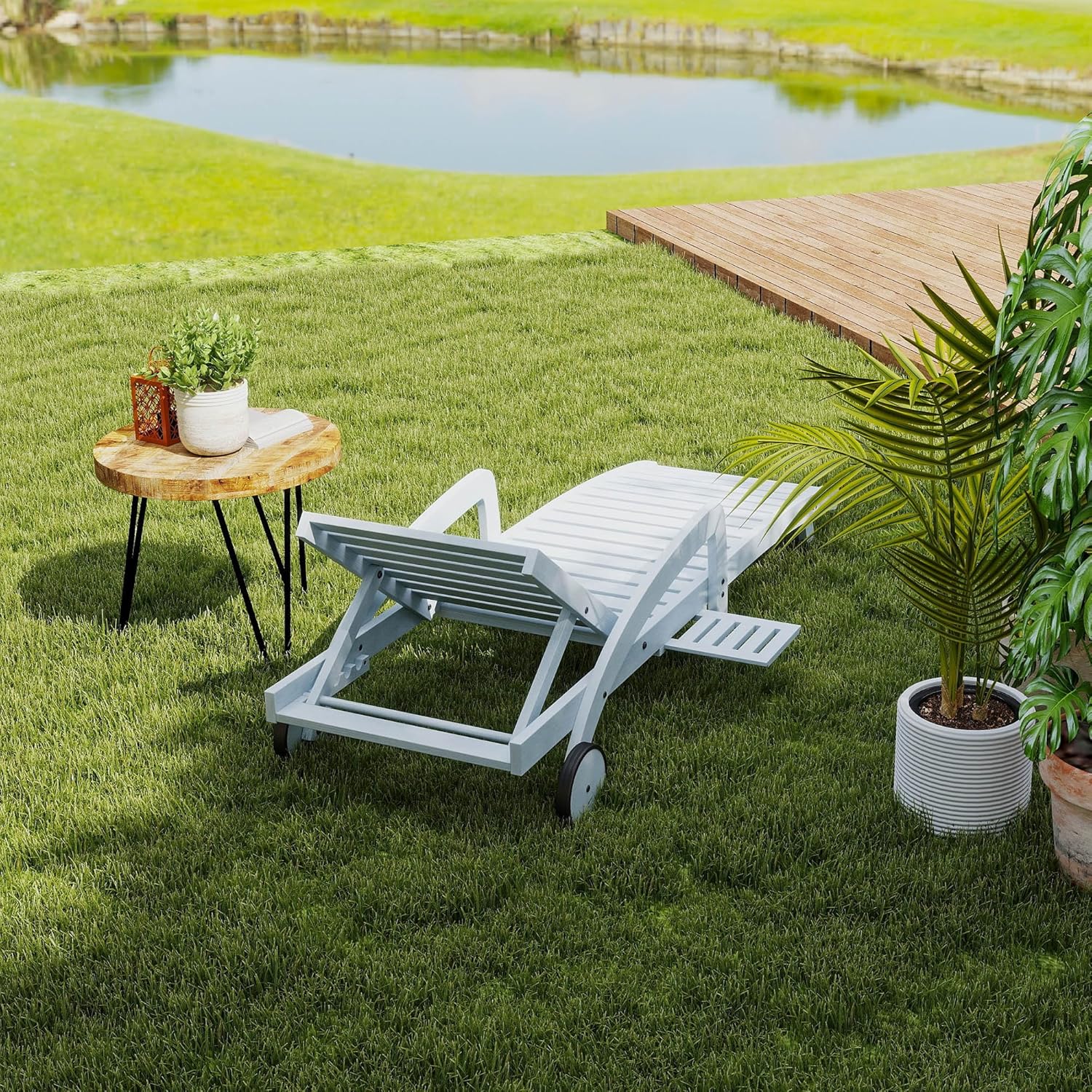 Pool Chaise Lounge Chairs Set of 4 5-Position Adjustable Outdoor Patio Lounge Chairs Wood Reclining Chaise Lounger Chair with Pullout Side Table wourant