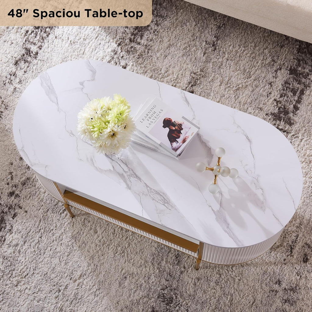 OKD Modern Luxury Grooved Coffee Table, 48 Inch Oval Coffee Table with Drawers, Imitation Marble Top, Curved Contour Design, Gold Metal Trim, Living Room Center Table wourant