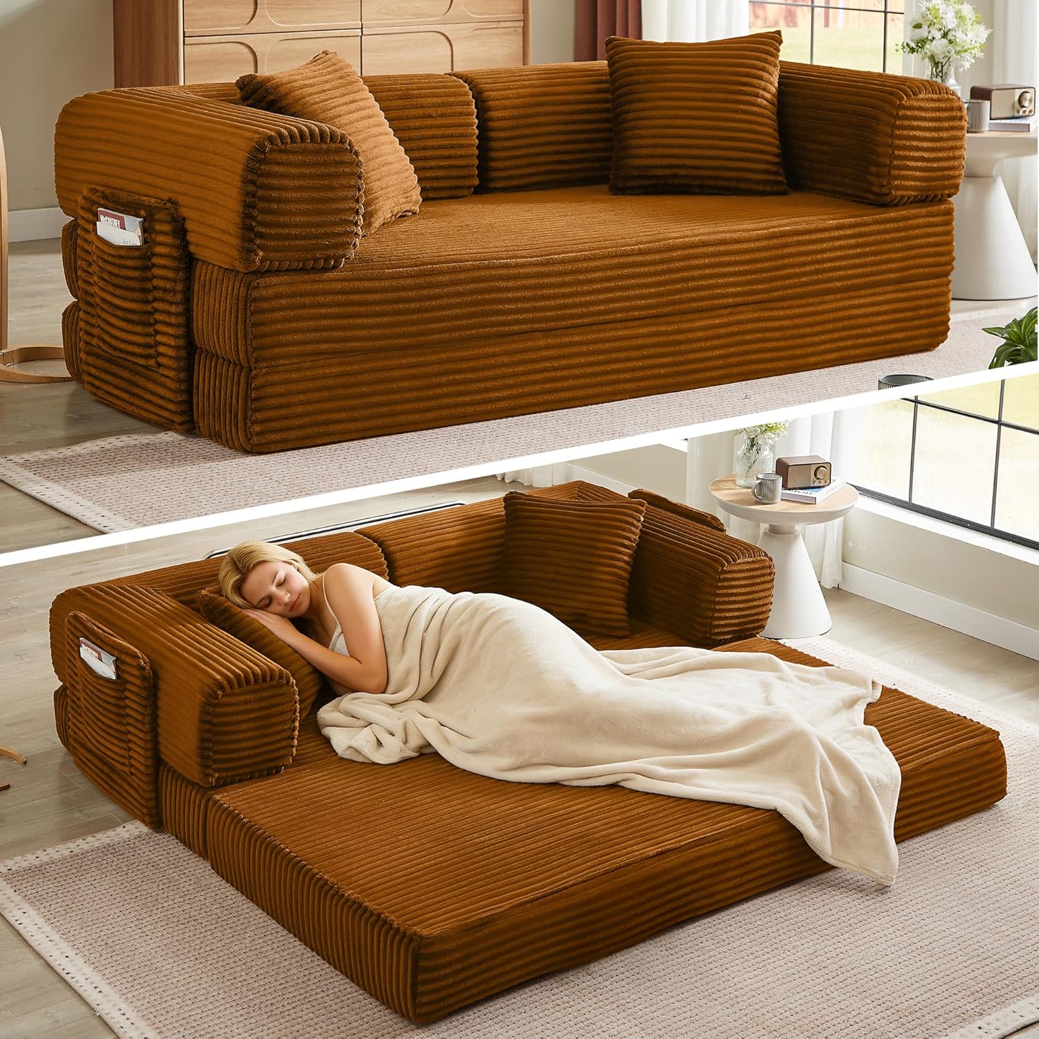 Boneless Couch Folding Couches for Living Room Sofa, Futon Sofa Bed with Sleeper Sofa, Futon Couch with Fixed-Shape Oversized Corduroy Upholstered (White, 81 Inches) wourant