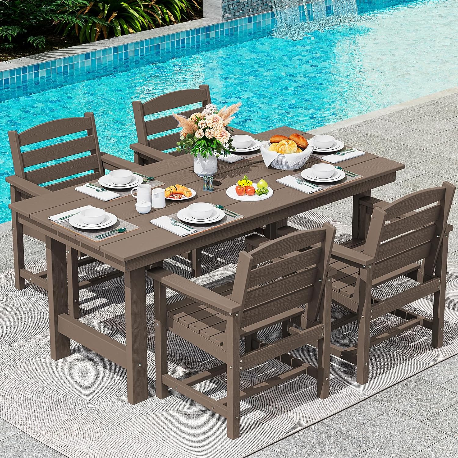 SERWALL Outdoor HDPE Dining Table Set 7 Piece Outdoor Dining Table Sets wourant