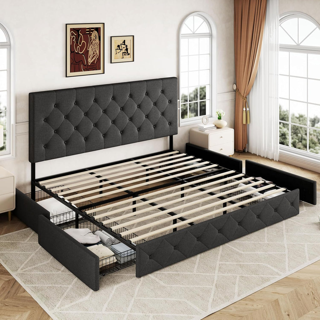 Allewie Upholstered Queen Size Platform Bed Frame with 4 Storage Drawers and Headboard wourant