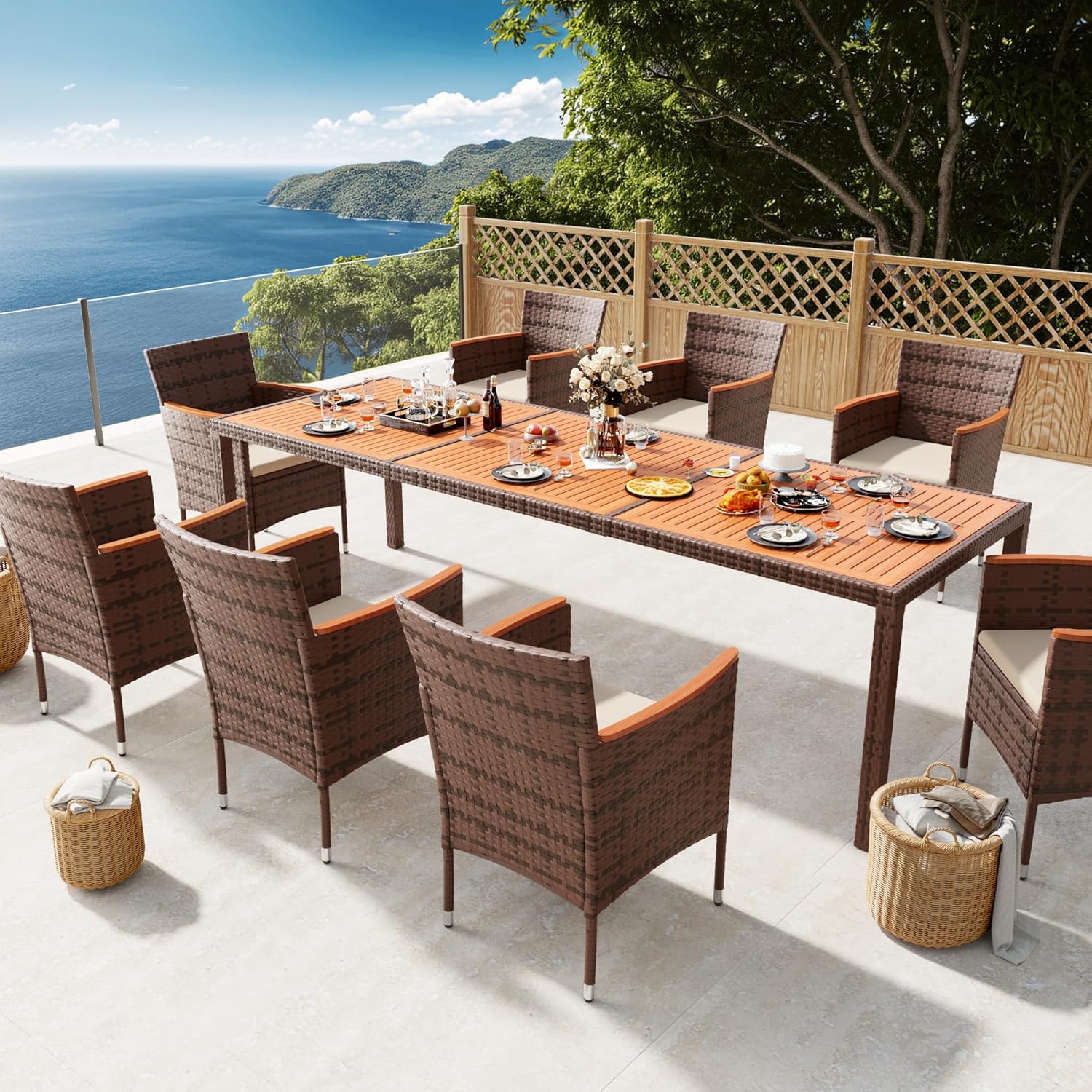 Devoko Dining 7 PCS Furniture, Patio Conversation Set with Acacia Wood Table Top, Rattan Outdoor, Black wourant