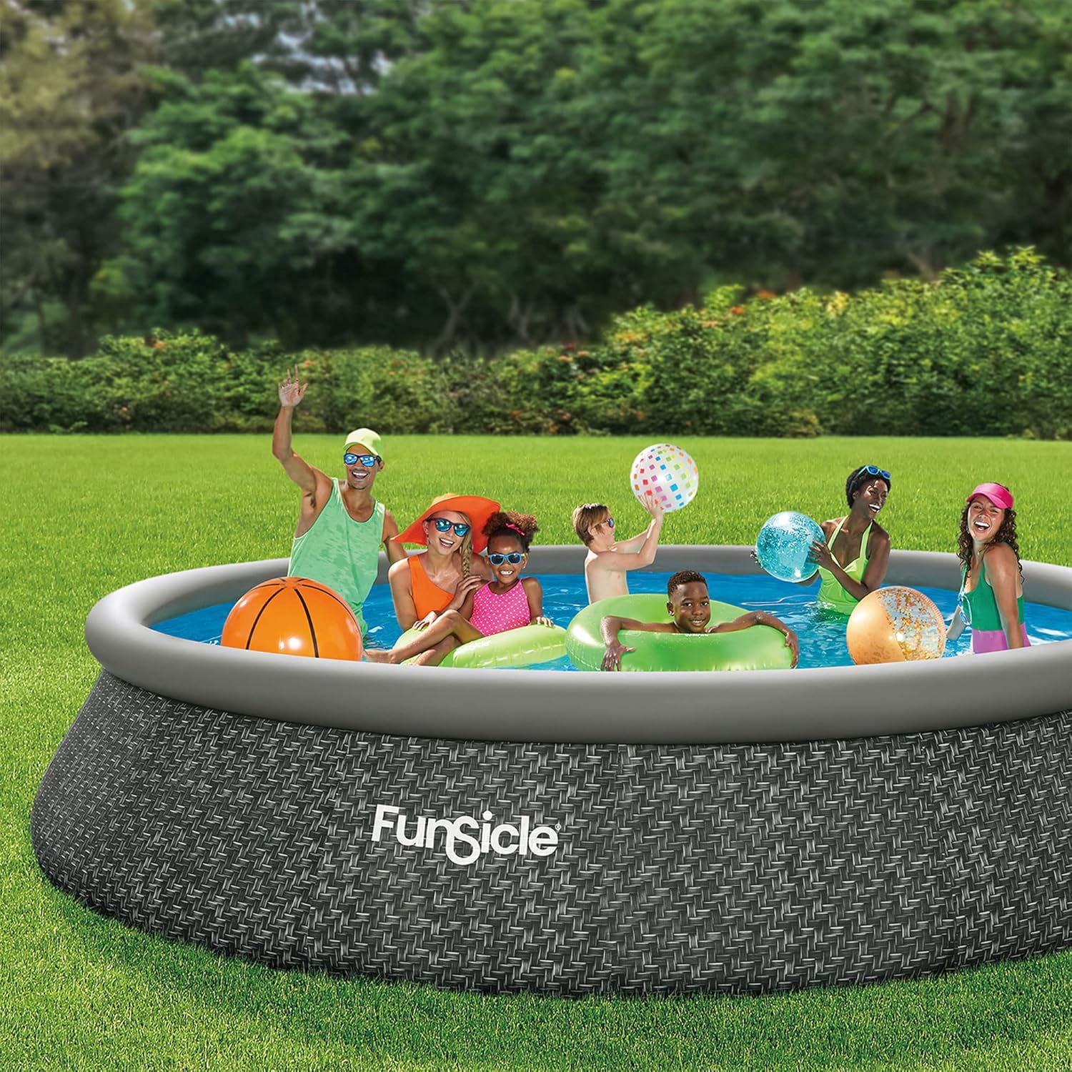 Funsicle 12 Foot by 36 Inch Quickset Round Inflatable Ring Top Outdoor Above Ground Swimming Pool Set with Pump and Cartridge Filter, Dark Herringbone wourant