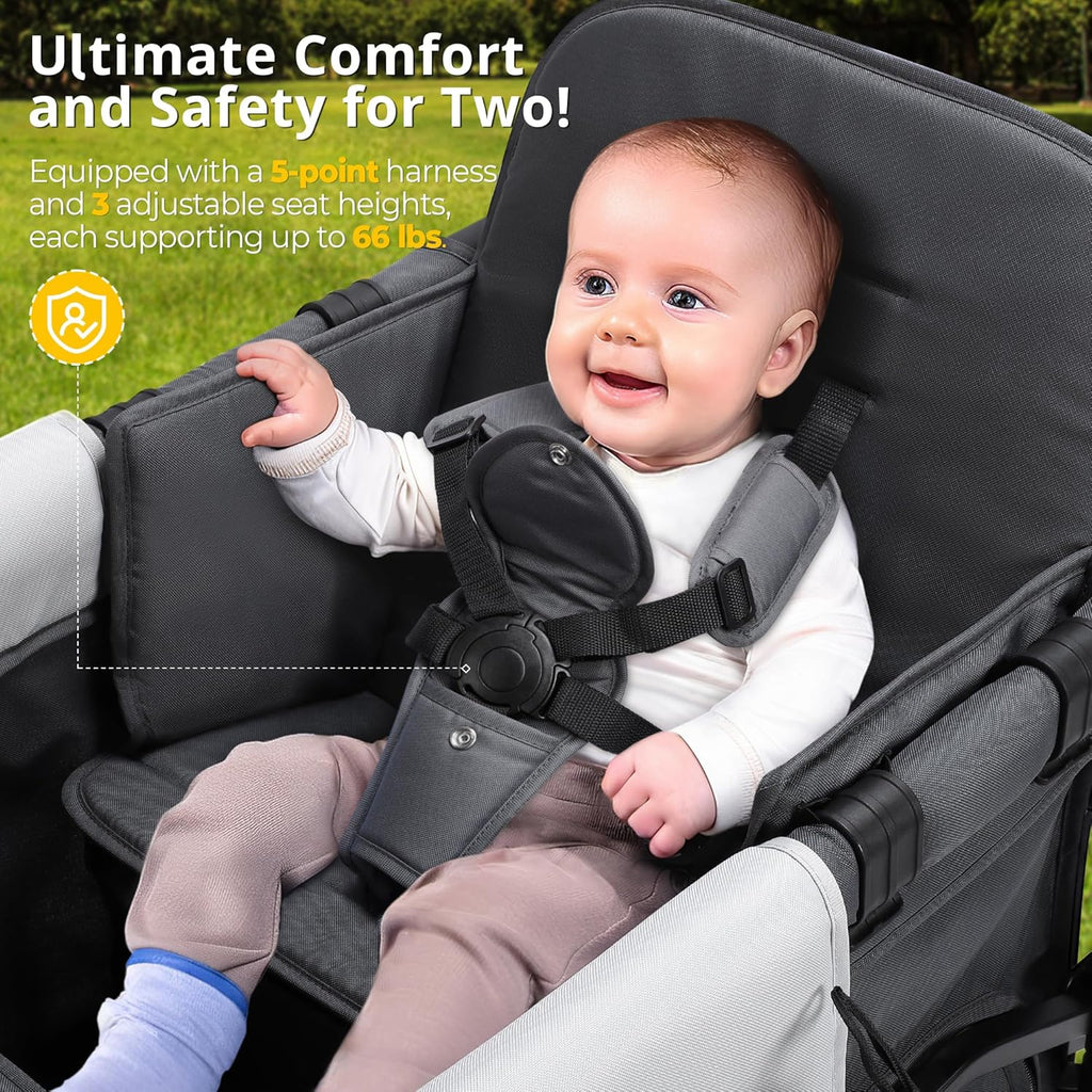 Stroller Wagon for Kids, Wagon Stroller Toddlers 2 Seaters, All-Terrain Baby Wagon Outdoor with Canopy, Parent Organizer, Adjustable Handle & Pull Bar for Infants and Toddlers, Gray wourant