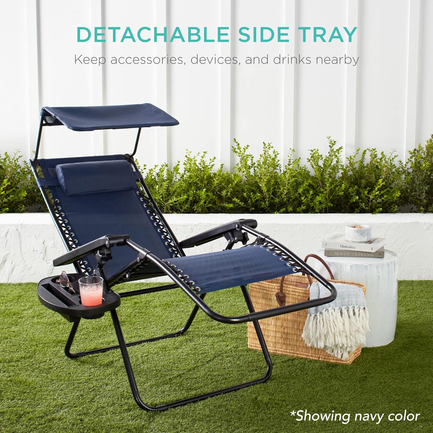 Best Choice Products Folding Zero Gravity Outdoor Recliner Patio Lounge Chair w/Adjustable Canopy Shade, Headrest, Side Accessory Tray, Textilene Mesh - Peacock Blue wourant