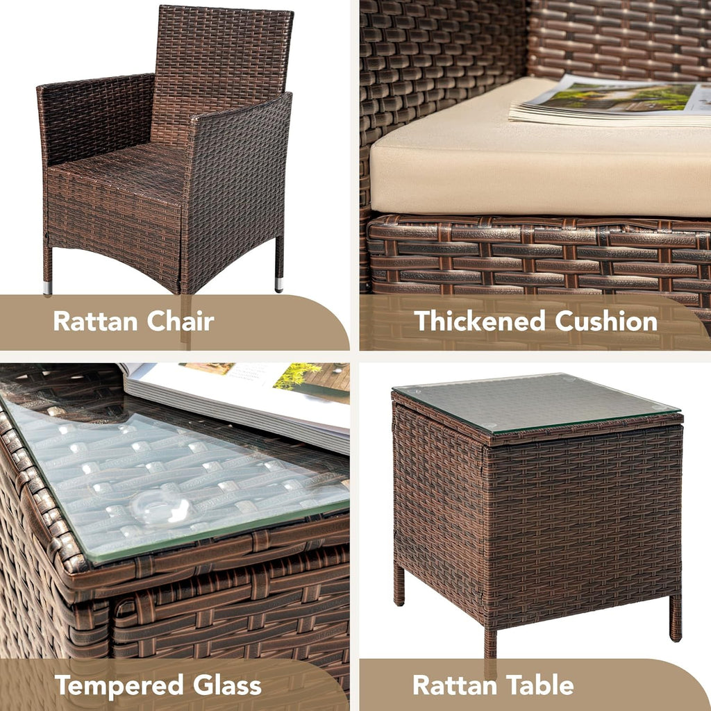 Devoko Patio Porch Furniture Sets 3 Pieces PE Rattan Wicker Chairs with Table Outdoor Garden Furniture Sets (Brown/Beige) wourant