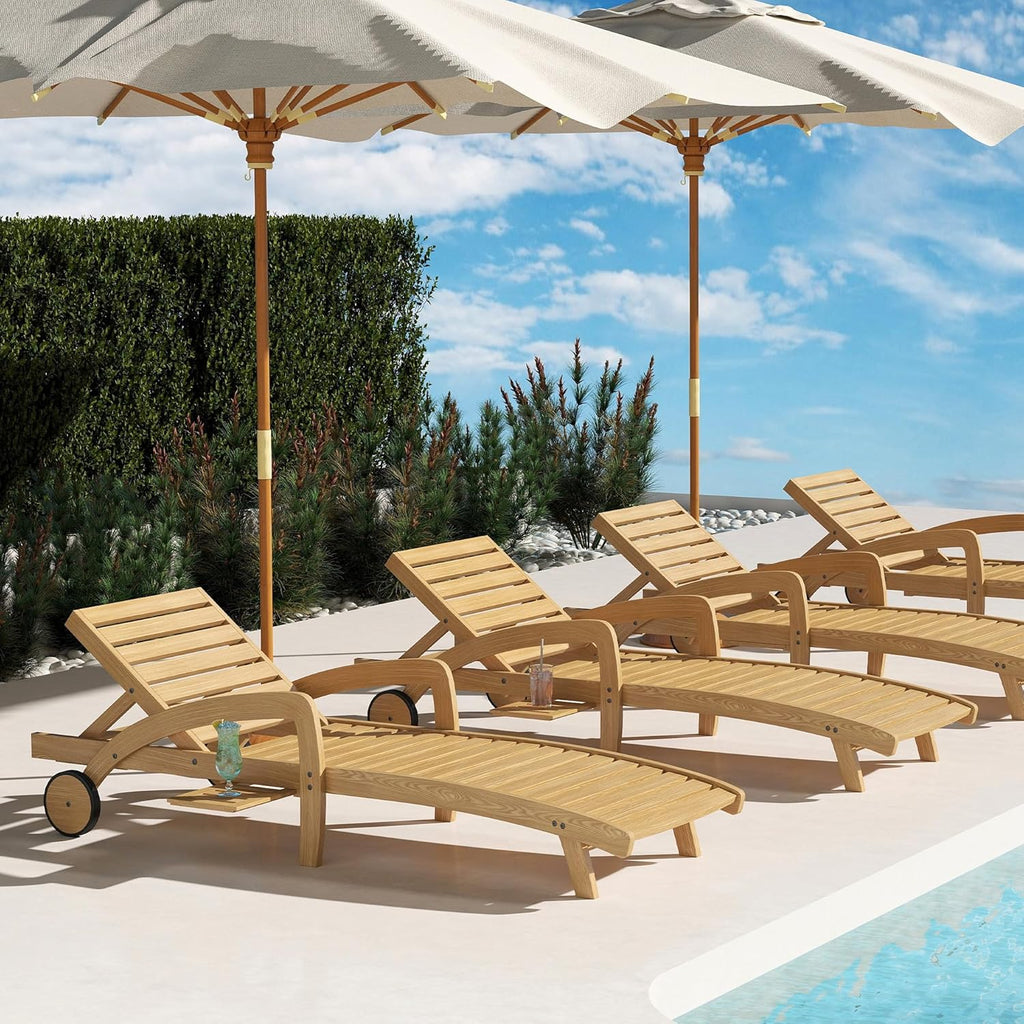 Pool Chaise Lounge Chairs Set of 4 5-Position Adjustable Outdoor Patio Lounge Chairs Wood Reclining Chaise Lounger Chair with Pullout Side Table wourant