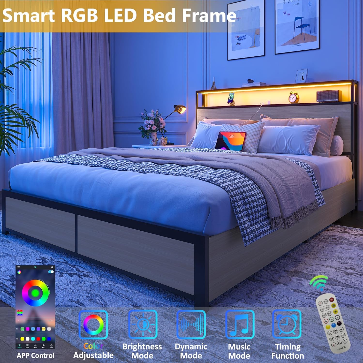 Lifezone Queen Bed Frame with 2-Tier Storage Headboard, Metal Platform Bed Frame with 4 Storage Drawers, Built in Charging Station & LED, Noise-Free/Metal Support/No Box Spring Needed wourant