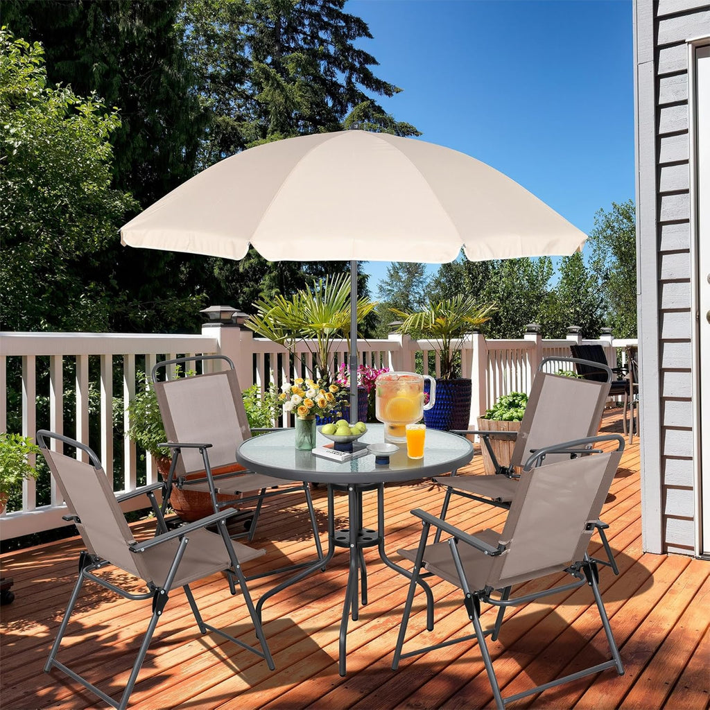 Vongrasig 6 Piece Folding Patio Dining Set,Small Metal Outdoor Garden Patio Table and Chair Set w/Umbrella for Lawn,Deck,Backyard,Black wourant