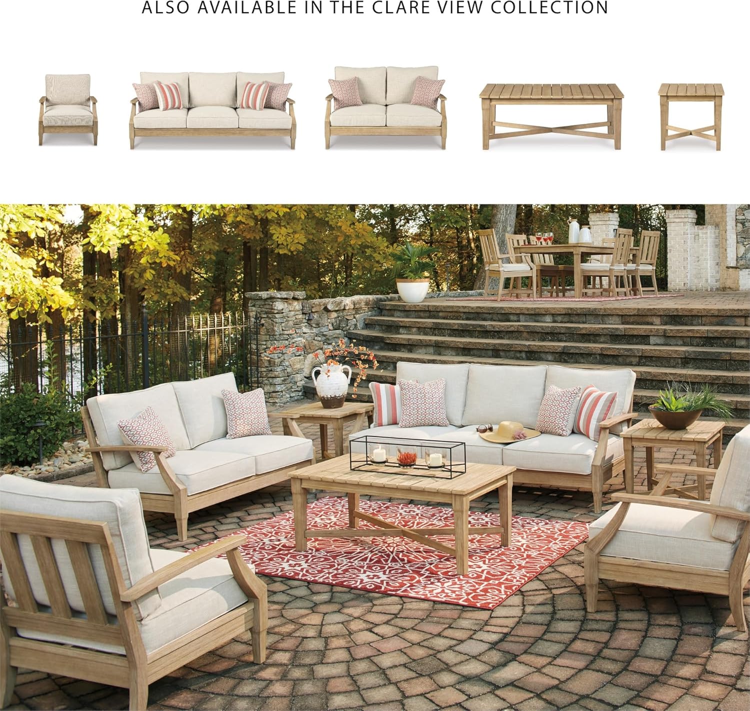 Signature Design by Ashley Clare View Coastal Outdoor Patio Eucalyptus Sofa with Cushions, Beige wourant