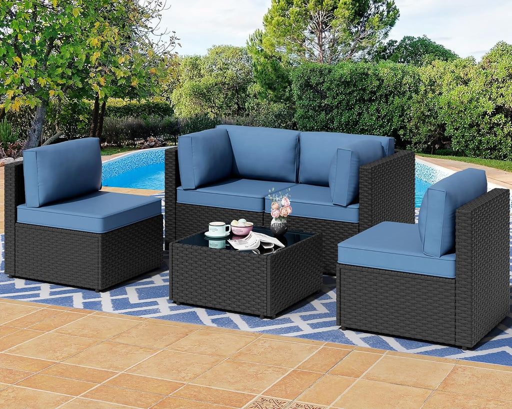 Shintenchi 5 Pieces Outdoor Patio Sectional Sofa Couch, PE Wicker Furniture Sets, Patio Conversation Sets with Washable Cushions Glass Coffee Table for Garden, Poolside, Backyard, Aegean Blue woonhhop