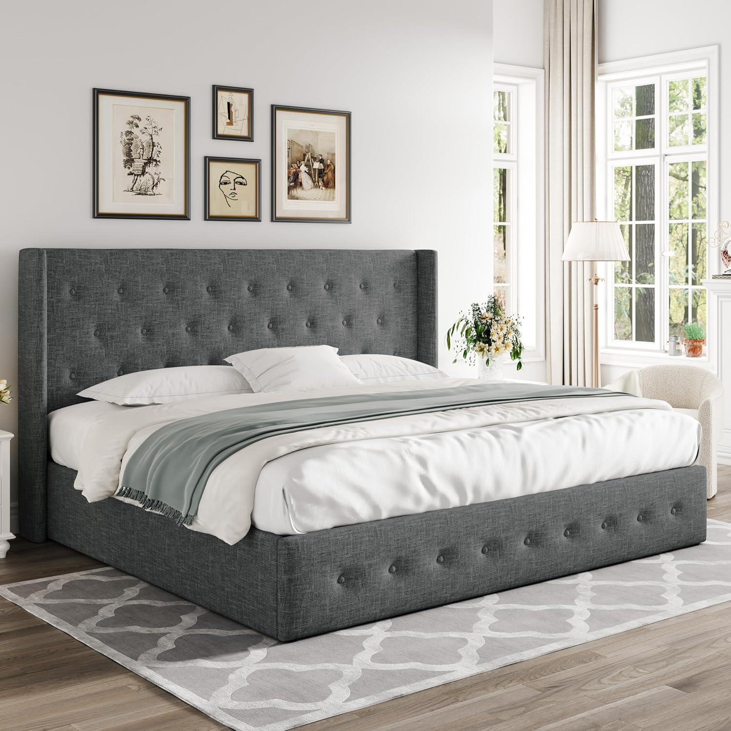 Allewie Queen Size Lift Up Storage Bed Modern Wingback Headboard Hydraulic Support wourant