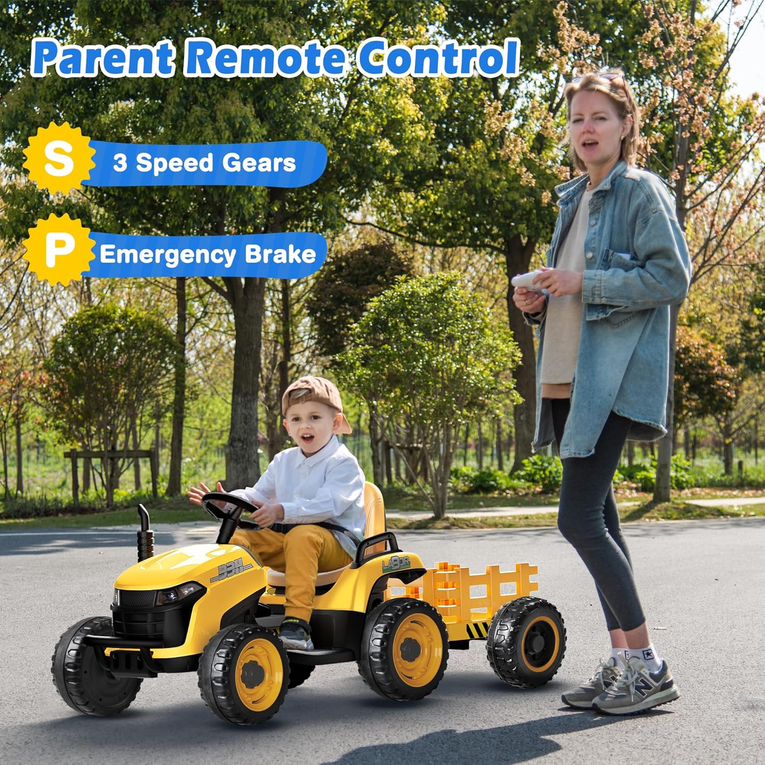 24V Ride On Tractor w/Tiltable & Detachable Trailer, 2x65W Motors, EVA Tires, Remote Control, Bluetooth, Shifter, Music, Electric Car for Kids, Green wourant