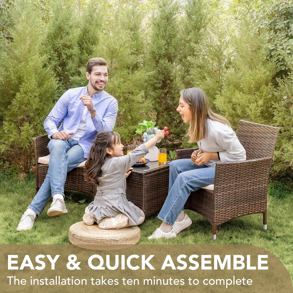 Devoko Patio Porch Furniture Sets 3 Pieces PE Rattan Wicker Chairs with Table Outdoor Garden Furniture Sets (Brown/Beige) wourant