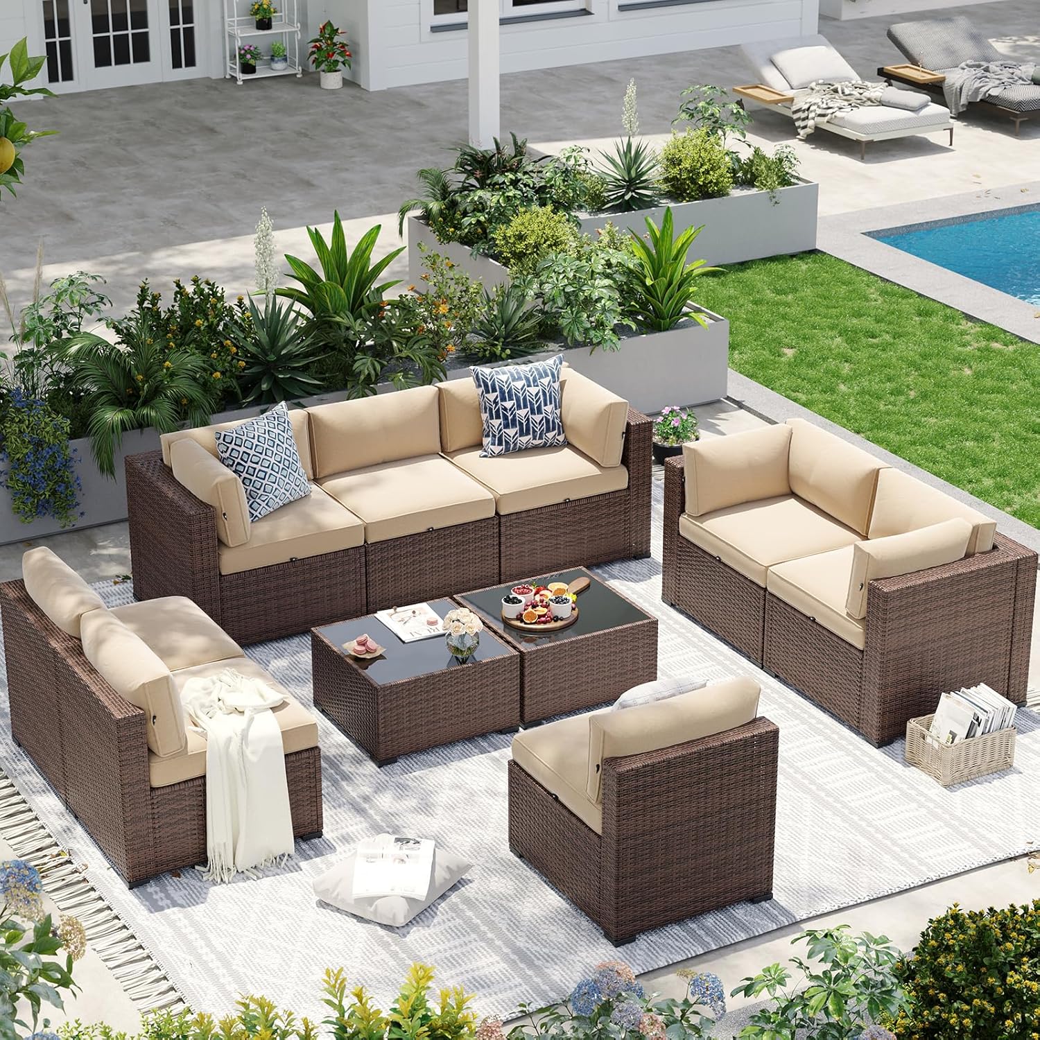 Aoxun Patio Furniture Sets, 7-Piece Outdoor Patio Furniture with Thick Cushions, Wicker Outdoor Conversation Set Sectional Sofa for Backyard, Poolside, Garden woonhhop
