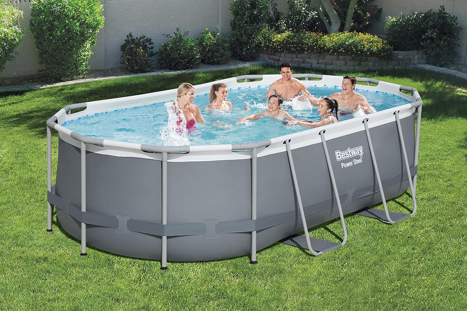 Power Steel 14' x 8'2" x 39.5" Oval Above Ground Pool Set | Includes 530gal Filter Pump, Ladder, ChemConnect Dispener wourant