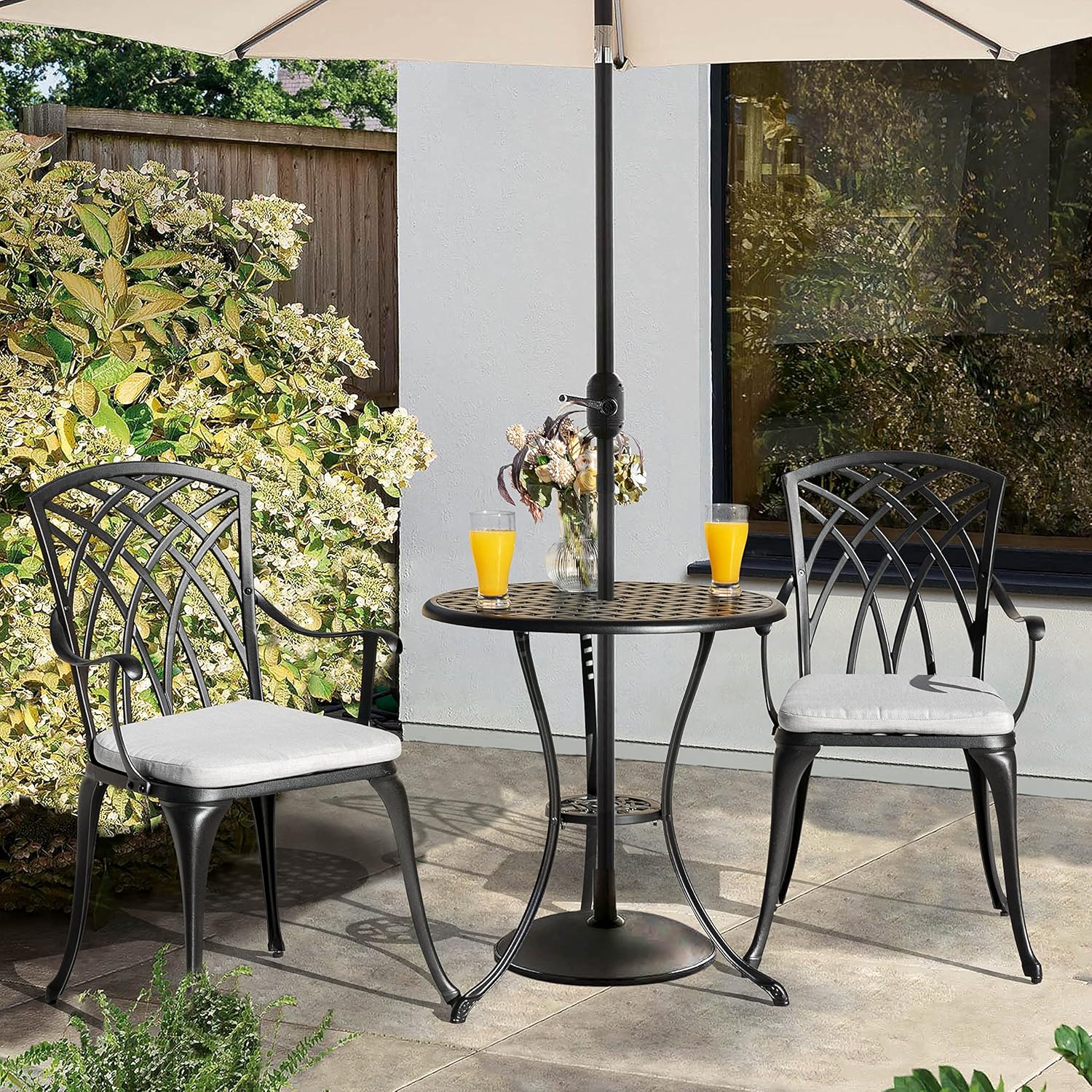 NUU GARDEN Bistro Set 3 Piece Outdoor Cast Aluminum Patio Bistro Set Patio Table and Chairs Set of 2 with Umbrella Hole and Gray Cushions, Black wourant