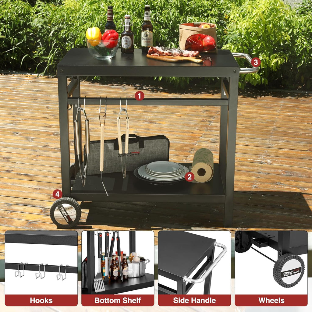 Royal Gourmet Dining Cart Table with Double-Shelf, Movable Stainless Steel Flattop Grill Cart, Hooks, Side Handle, Multifunctional PC3401B (Black) wourant