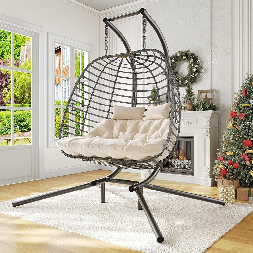 HWB Hanging Egg Chair Patio Wicker Hammock Egg Swing Chair with Cushion for Bedroom wourant