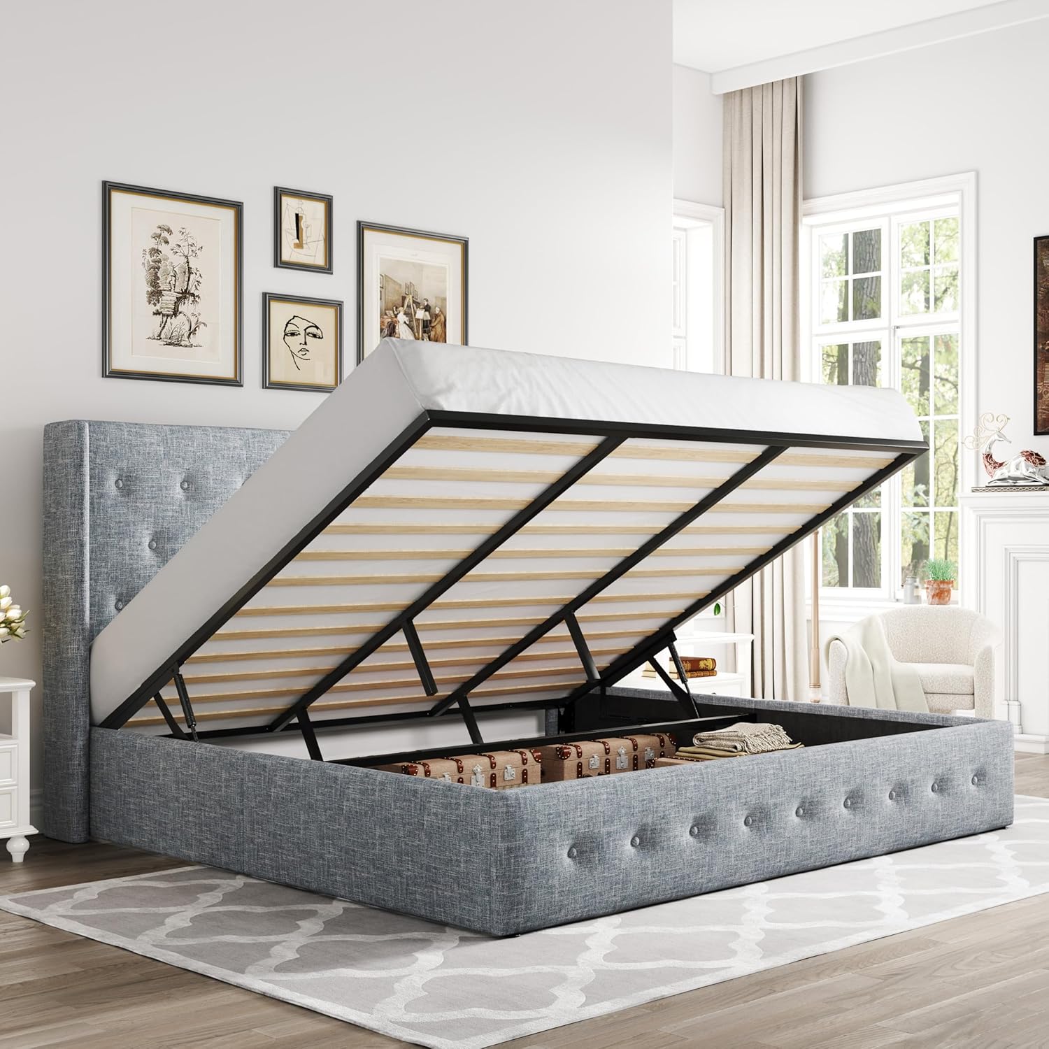 Allewie Queen Size Lift Up Storage Bed Modern Wingback Headboard Hydraulic Support wourant