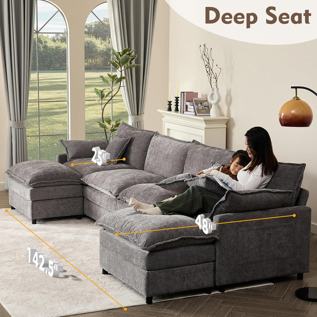 108 Inch U Shape Sofa Sectional Sofa Comfortable Cloud Sofa with Removable Footstool wourant