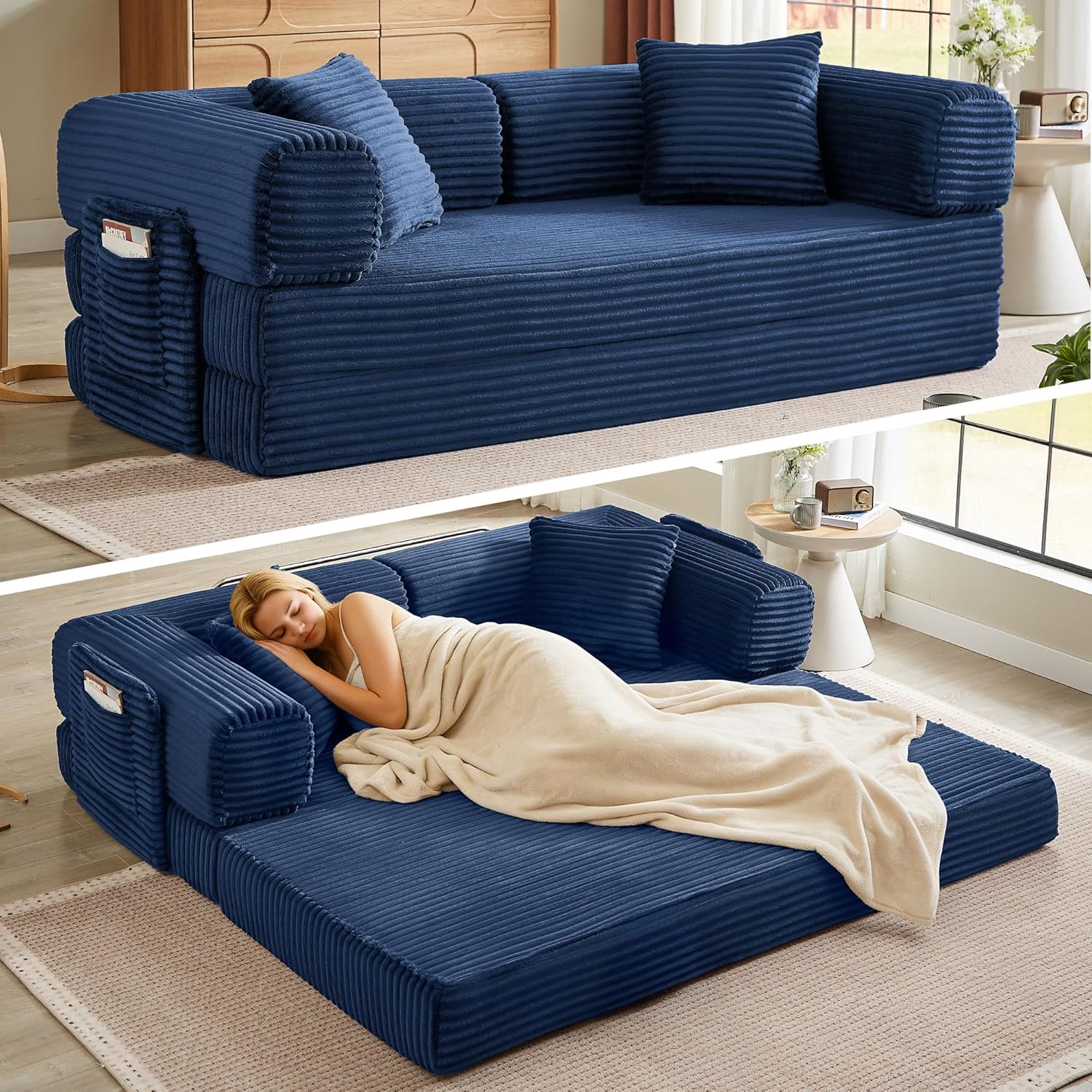 Boneless Couch Folding Couches for Living Room Sofa, Futon Sofa Bed with Sleeper Sofa, Futon Couch with Fixed-Shape Oversized Corduroy Upholstered (White, 81 Inches) wourant
