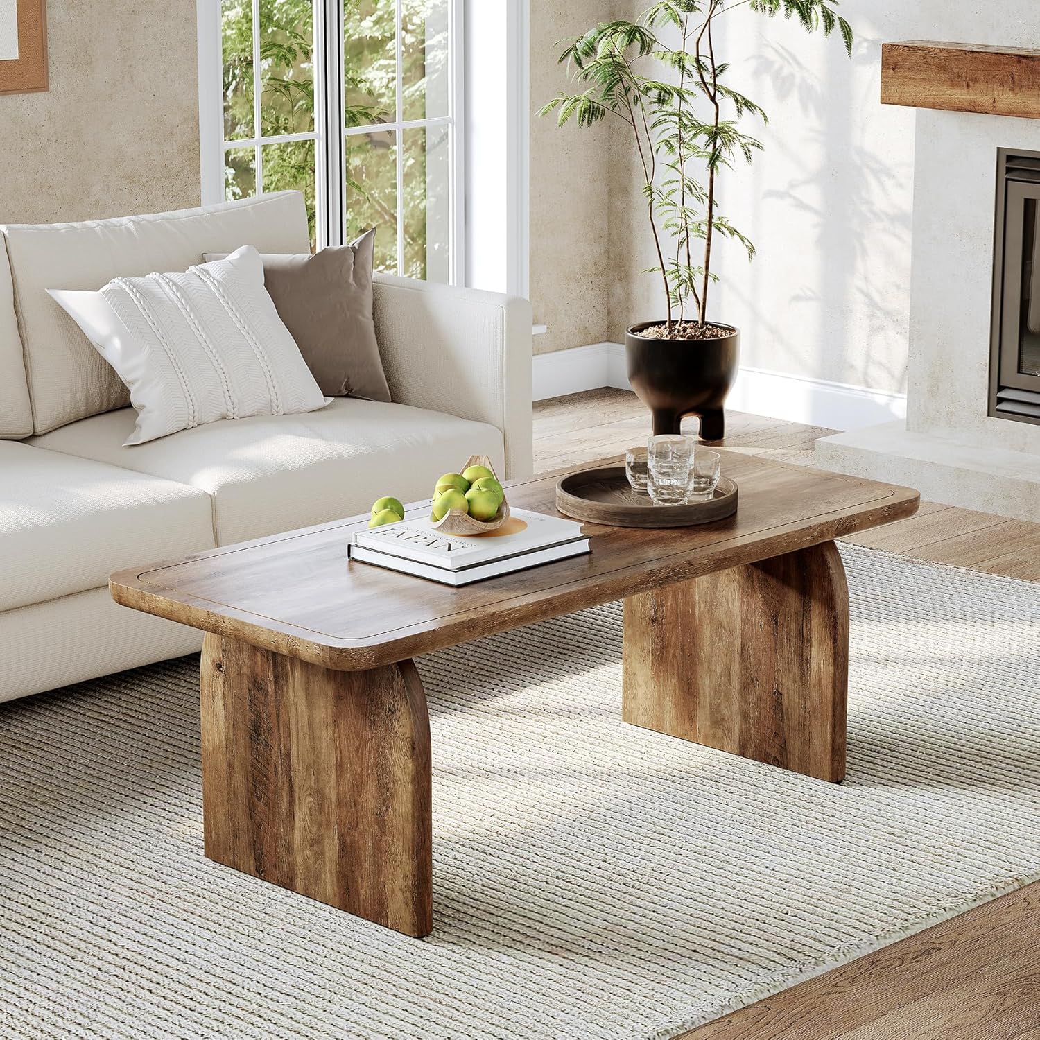LITTLE TREE Farmhouse Coffee Table, 47 Inch Round Corner Wood Center Table, Rectangular Living Room Table, Modern Low Cocktail Tea Set wourant