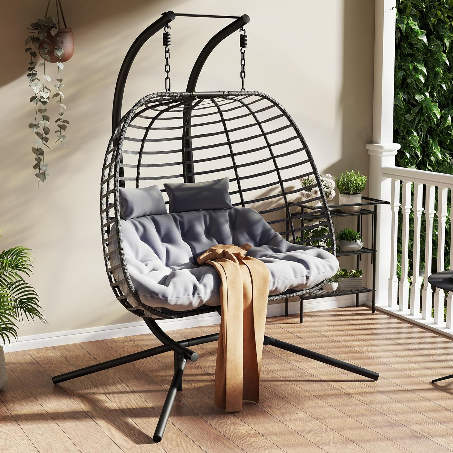 HWB Hanging Egg Chair Patio Wicker Hammock Egg Swing Chair with Cushion for Bedroom wourant