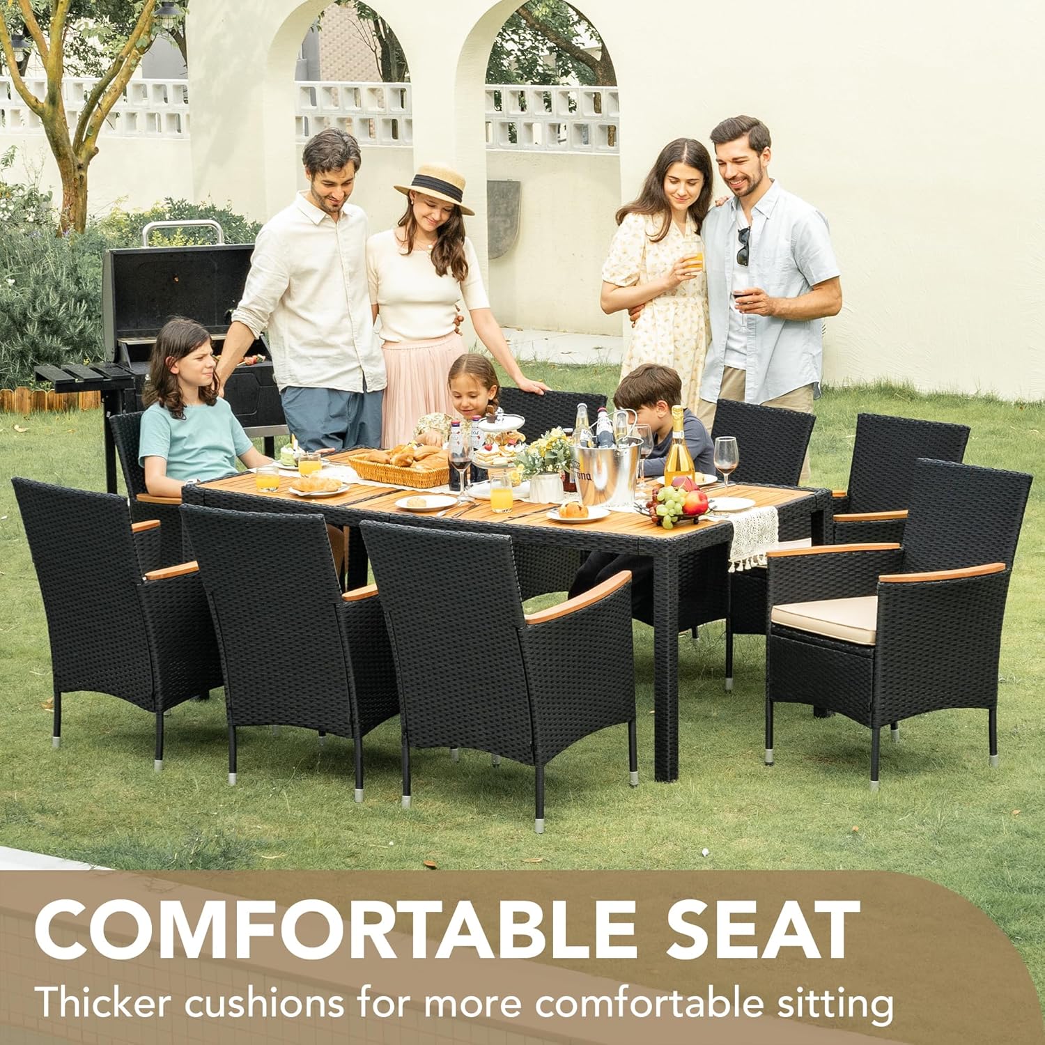 Devoko Dining 7 PCS Furniture, Patio Conversation Set with Acacia Wood Table Top, Rattan Outdoor, Black wourant