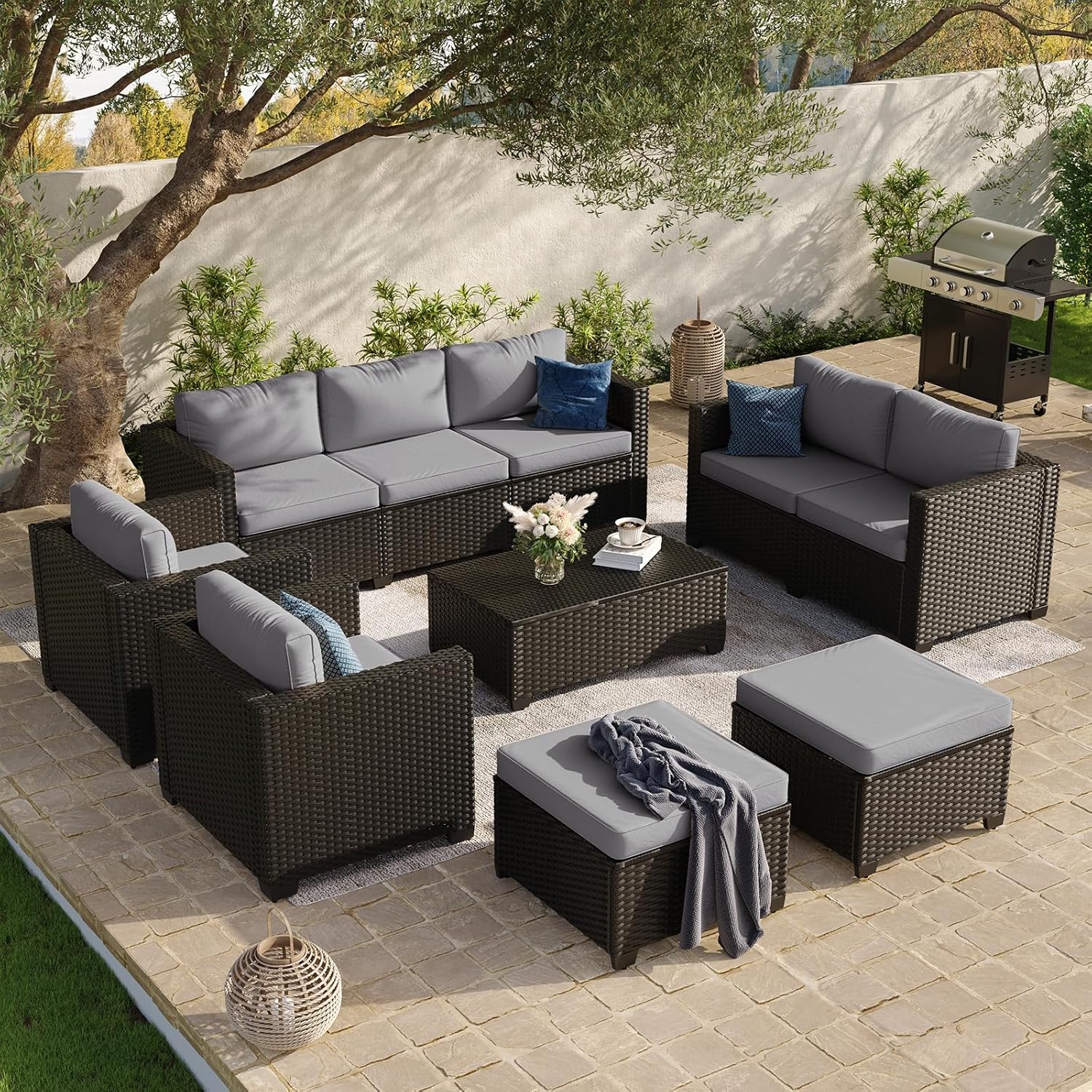 Aoxun 8 Piece Outdoor Patio Furniture Set 7 Seats, Outdoor Sectional with Thick Waterproof Cushions & Storage Coffee Table, Patio Conversation Sets for Garden,Backyard, Porch, Balcony, Deck, Beige woonhhop