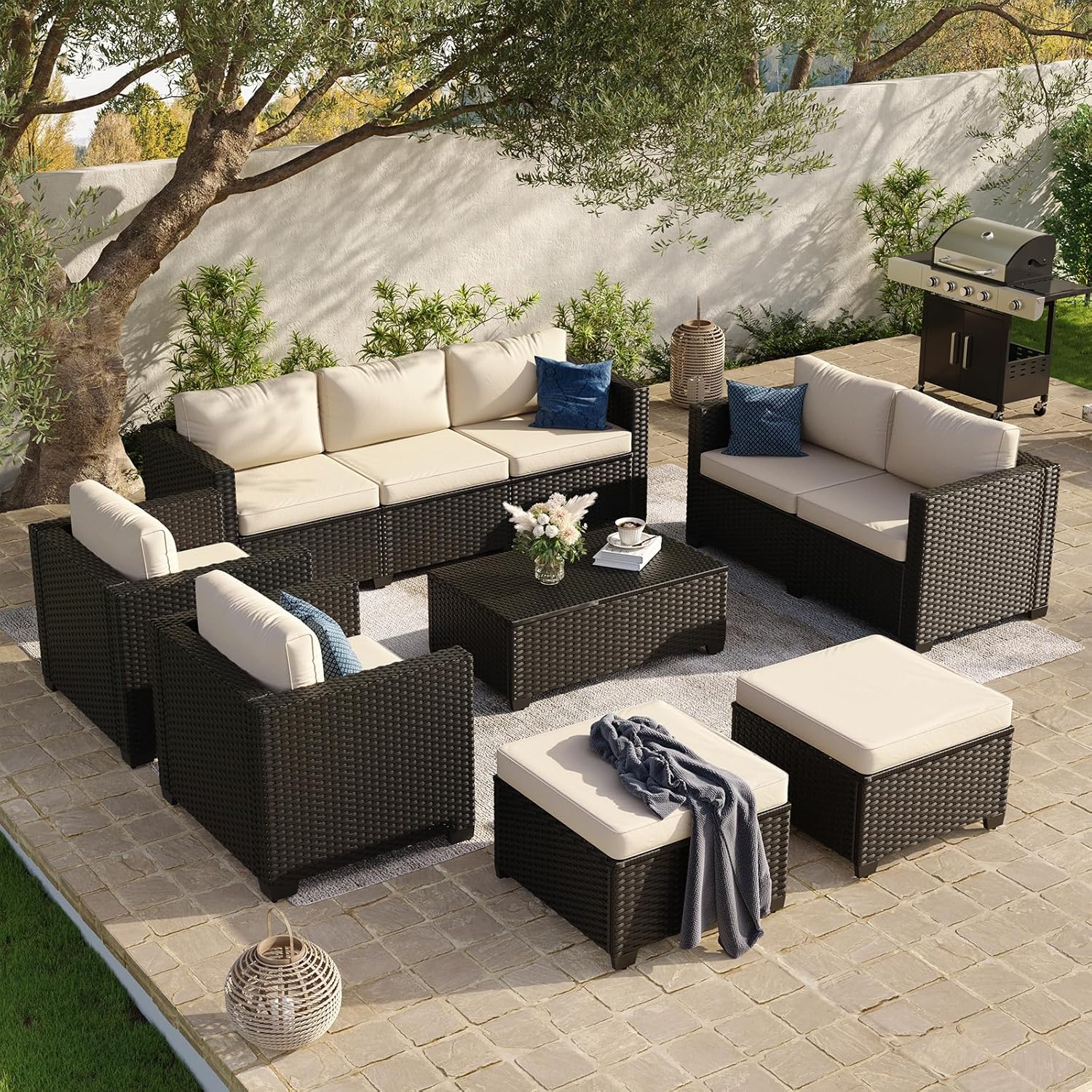 Aoxun 8 Piece Outdoor Patio Furniture Set 7 Seats, Outdoor Sectional with Thick Waterproof Cushions & Storage Coffee Table, Patio Conversation Sets for Garden,Backyard, Porch, Balcony, Deck, Beige woonhhop