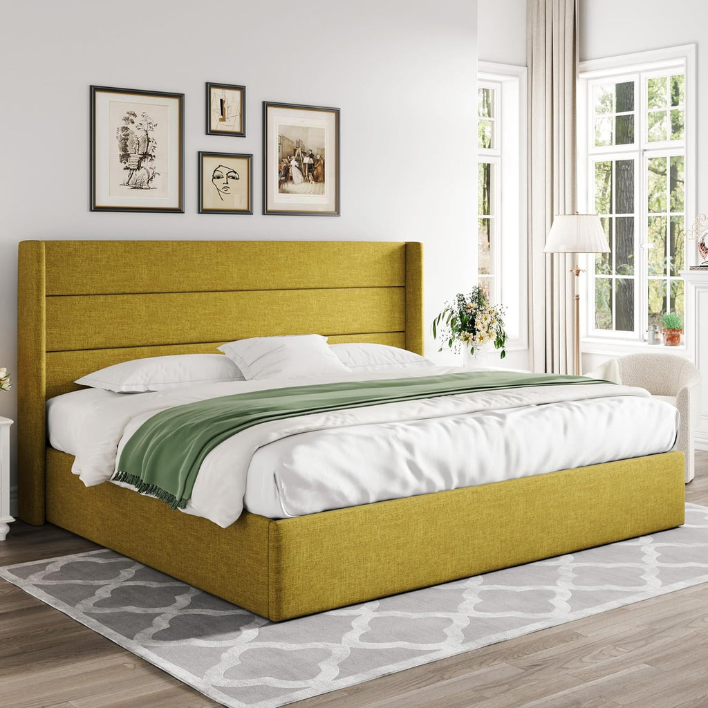 Allewie Queen Size Lift Up Storage Bed Modern Wingback Headboard Hydraulic Support wourant