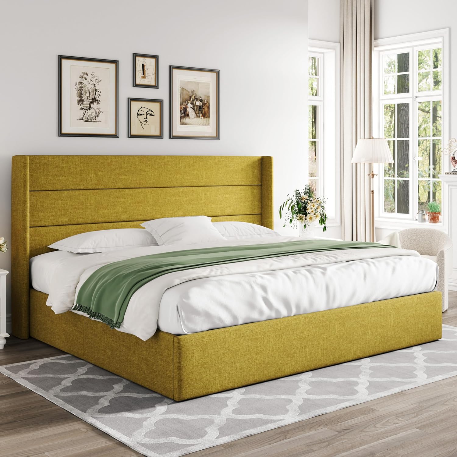 Allewie Queen Size Lift Up Storage Bed Modern Wingback Headboard Hydraulic Support wourant