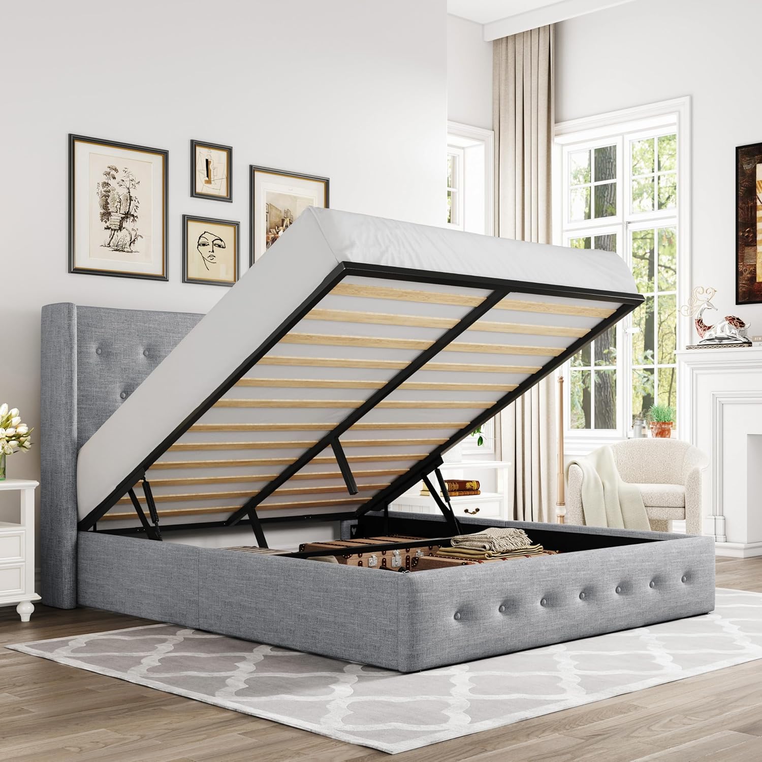 Allewie Queen Size Lift Up Storage Bed Modern Wingback Headboard Hydraulic Support wourant