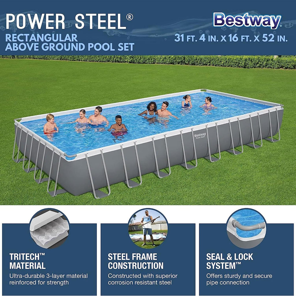 Power Steel 14' x 8'2" x 39.5" Oval Above Ground Pool Set | Includes 530gal Filter Pump, Ladder, ChemConnect Dispener wourant