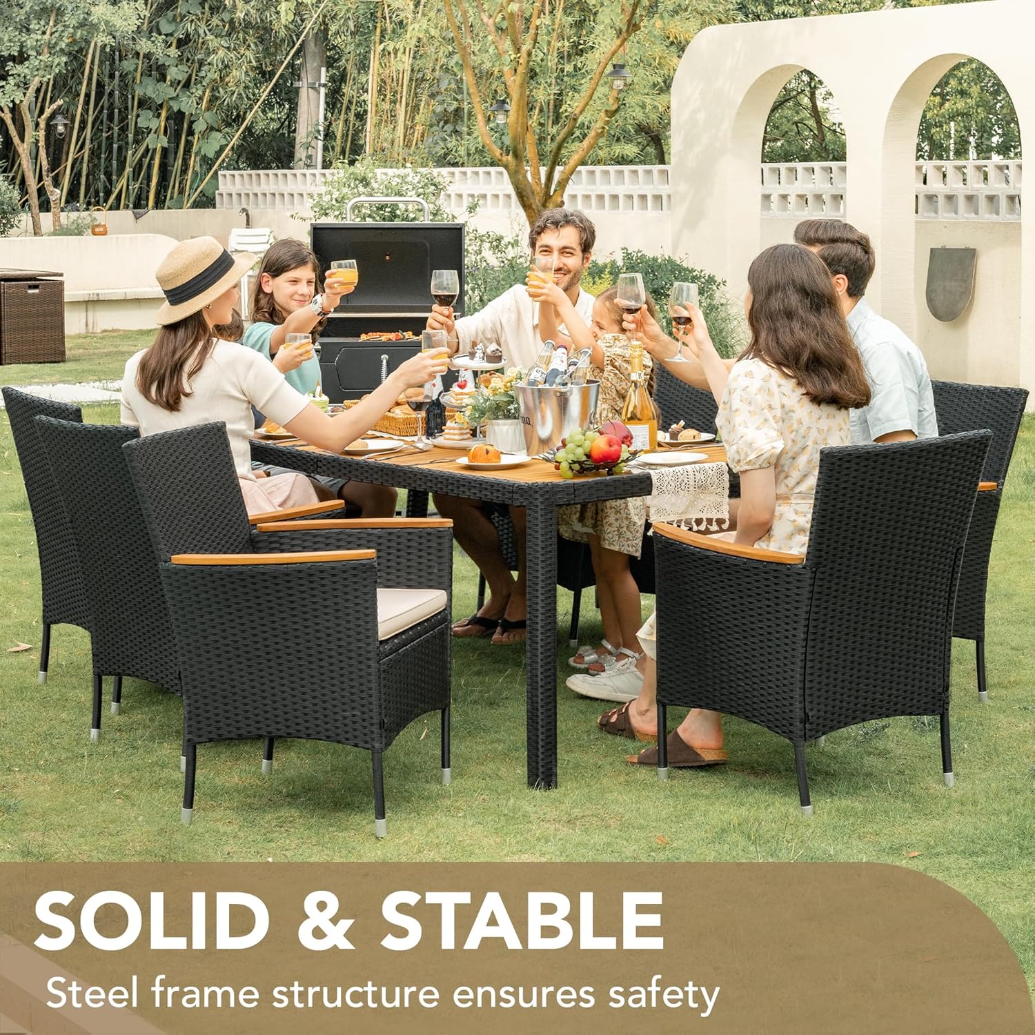 Devoko Dining 7 PCS Furniture, Patio Conversation Set with Acacia Wood Table Top, Rattan Outdoor, Black wourant