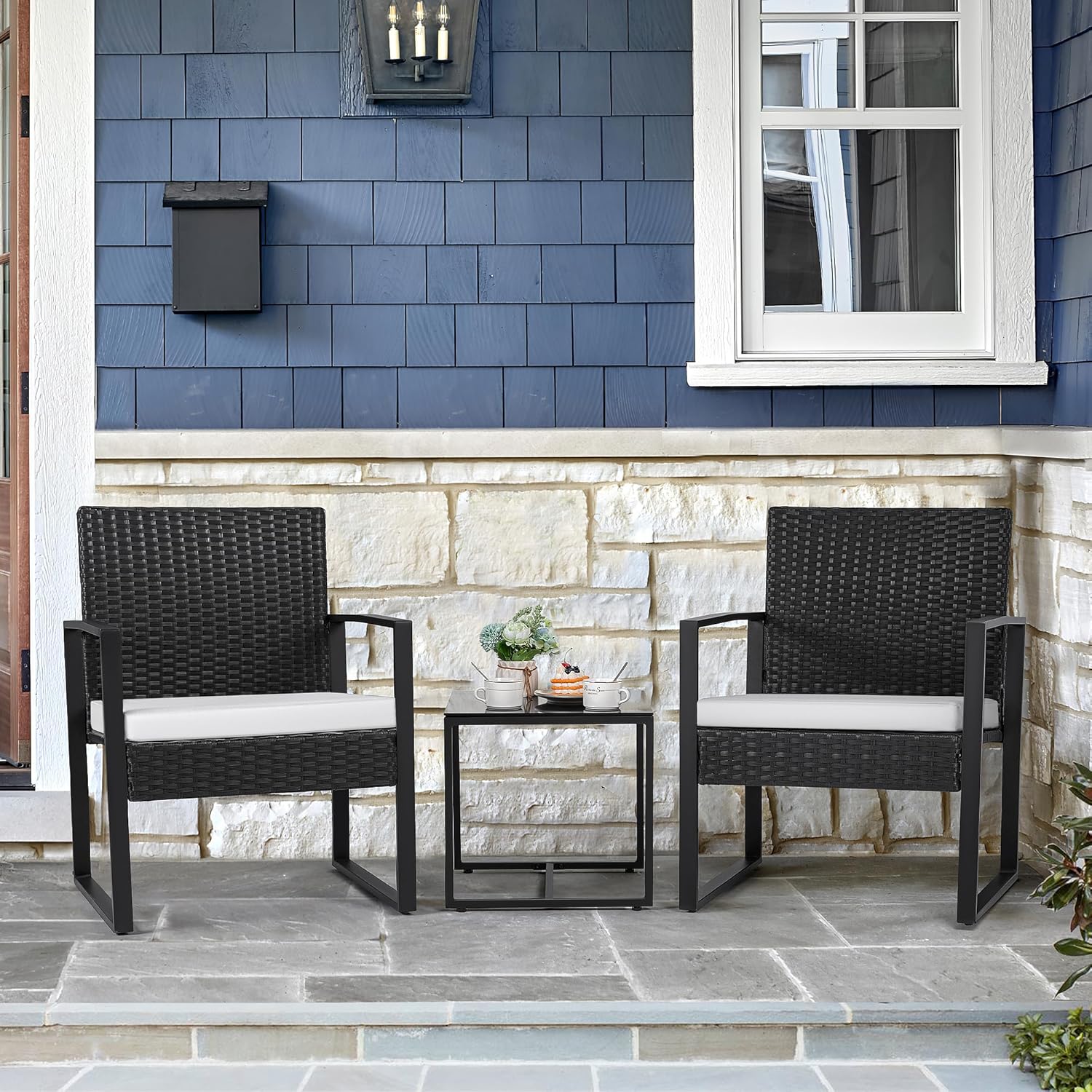 Flamaker 3 Pieces Patio Set Outdoor Wicker Furniture Sets Modern Rattan Chair Conversation Sets with Coffee Table for Yard and Bistro (Black) wourant