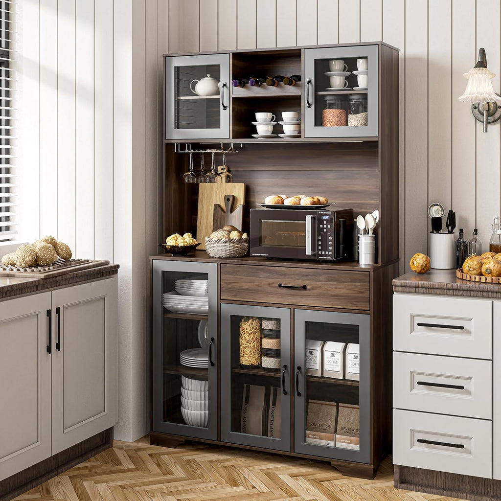 Kitchen Hutch Pantry Cabinet 71" Tall with Glass Doors wourant