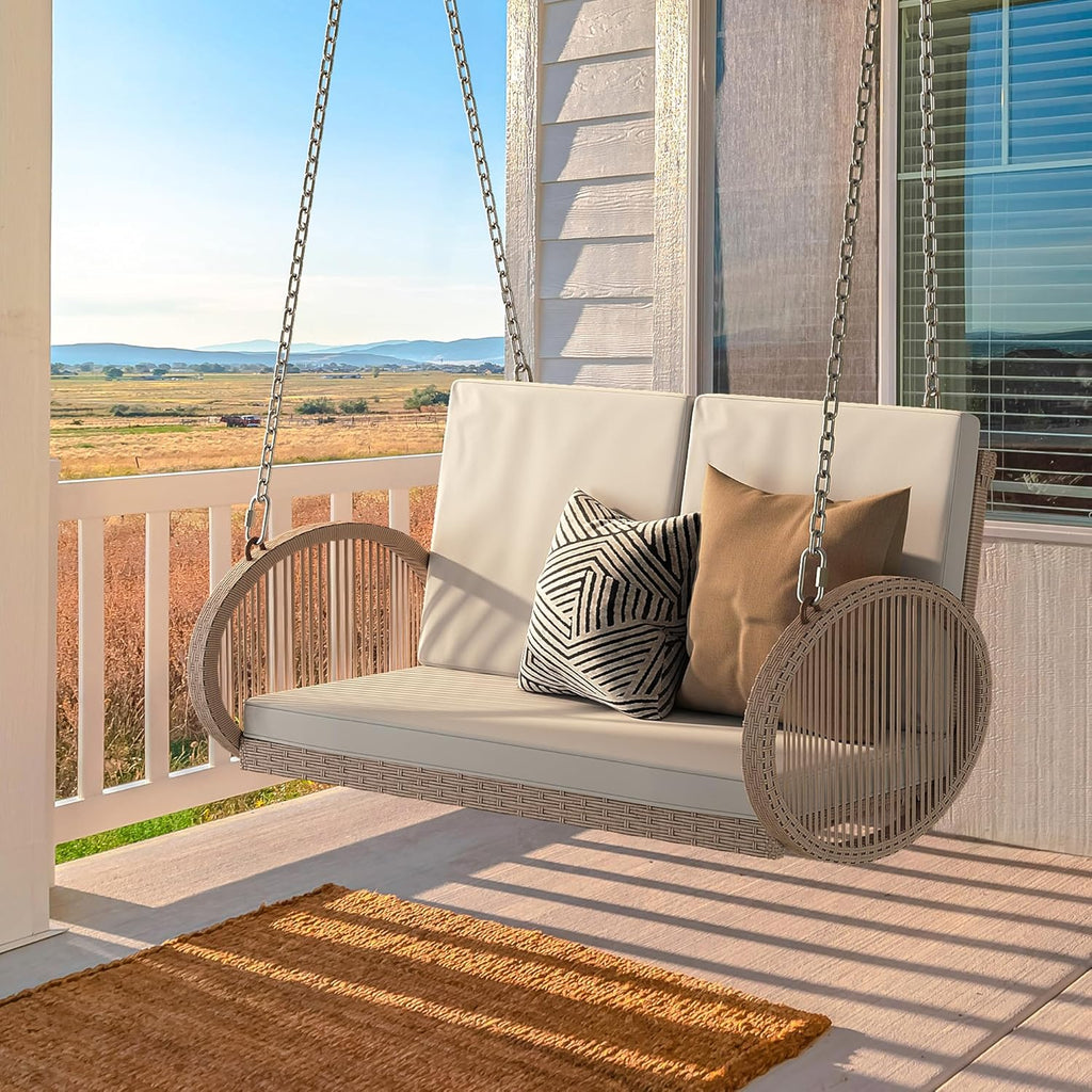 YITAHOME Hanging Porch Swing Chair Sits 3 People, Wicker Outdoor Swing Bench, Patio Lounge Chair, 1 Seating Cushion and 3 Back Cushions, w/Removable Covers, for Garden, Balcony, Backyard, Brown wourant