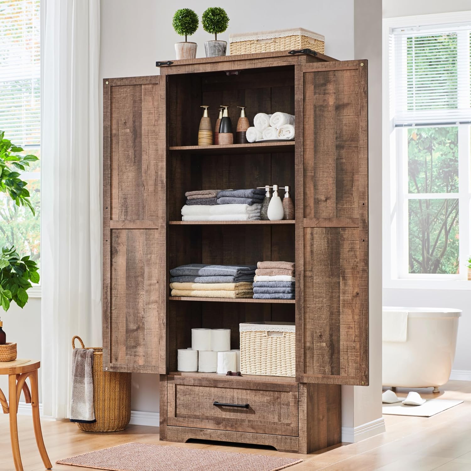 JXQTLINGMU Farmhouse Kitchen Pantry - 72" Tall Wood Kitchen Storage Cabinet with Adjustable Shelves and 2 Barn-Style Doors and Drawers wourant