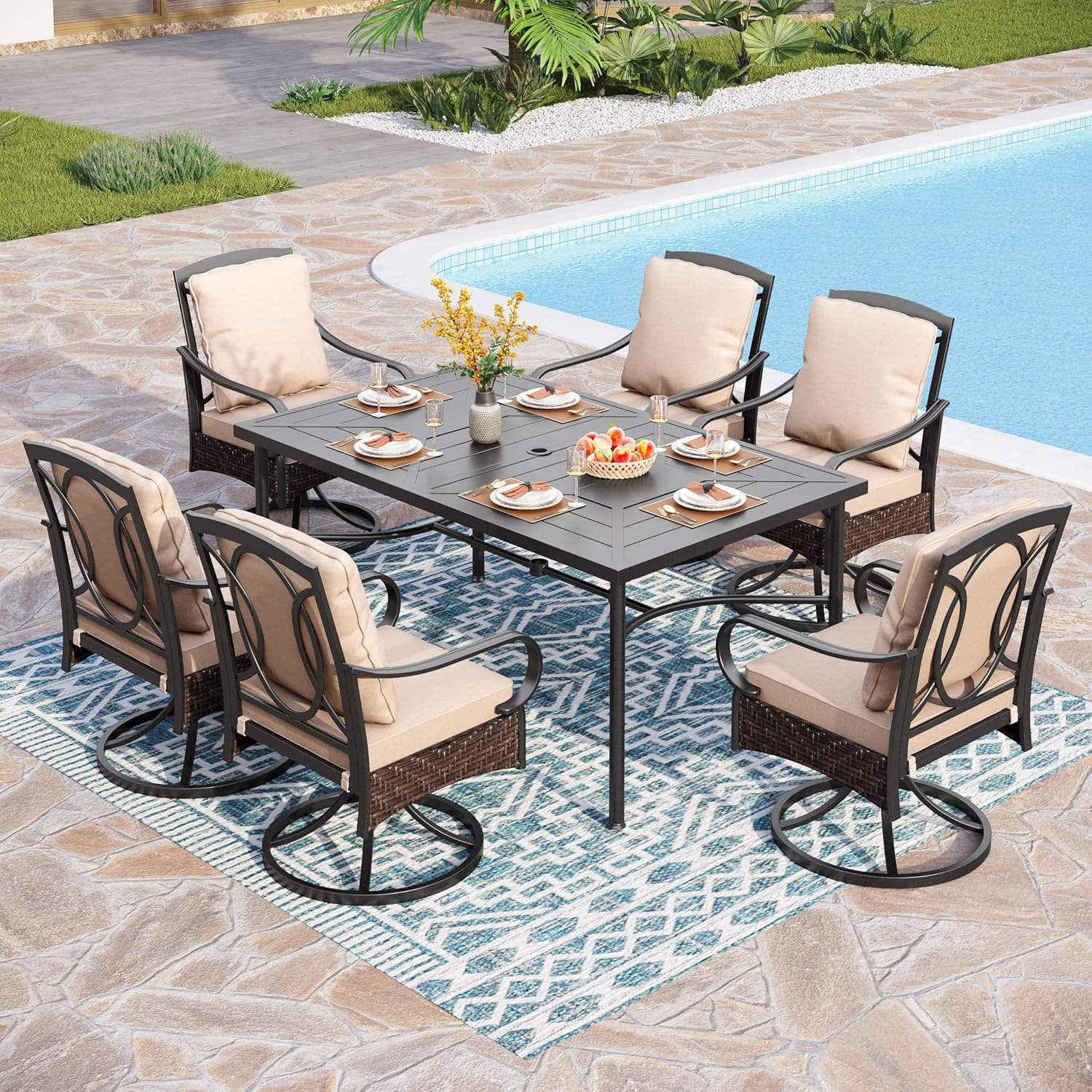 PHI VILLA 6-Piece Outdoor Dining Sets, All-Weather Patio Table and Chairs Set with Umbrella for 4, Heavy Duty Patio Round Table Set for Deck, 4 Extra Large Outdoor Swivel Chairs with Thick Cushions wourant
