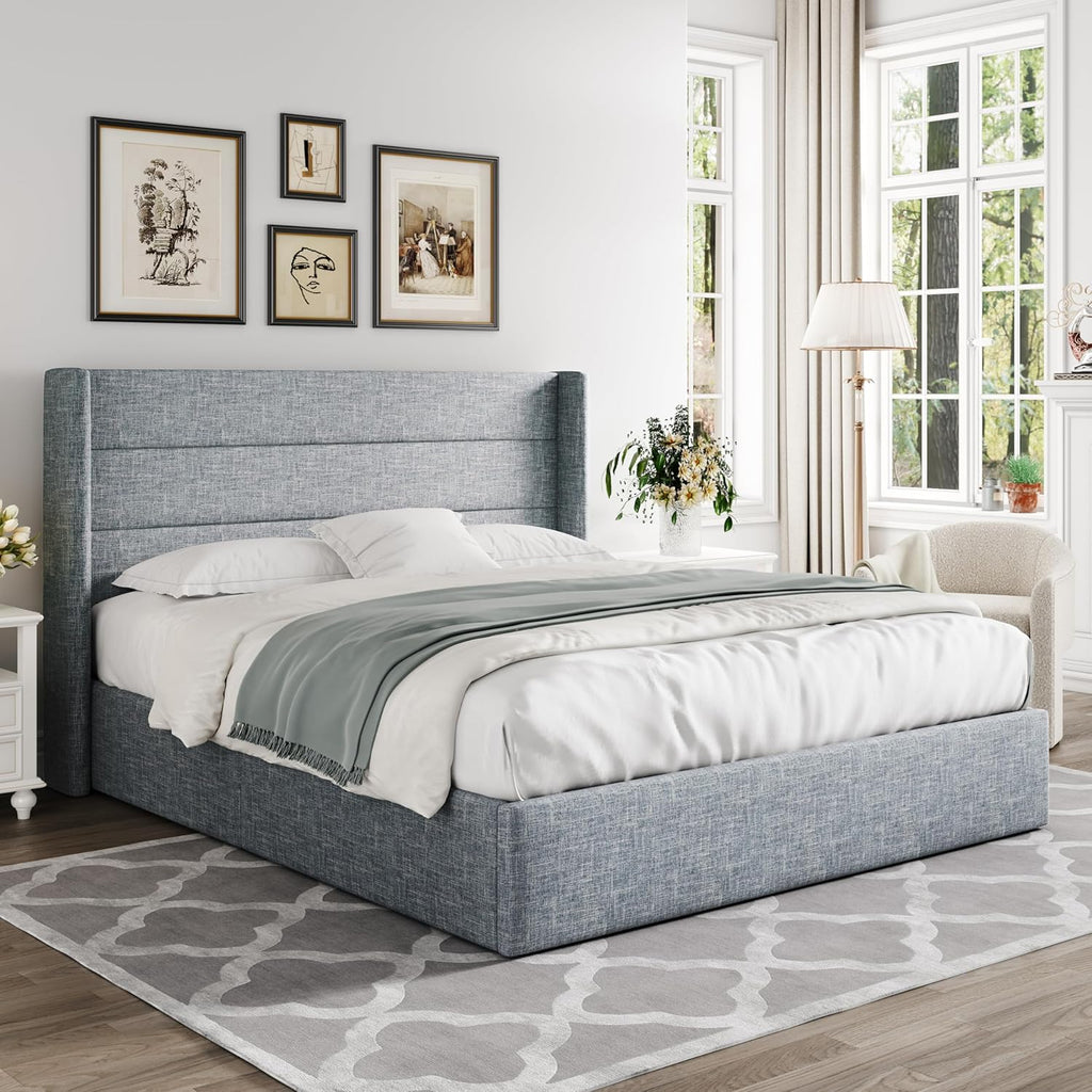 Allewie Queen Size Lift Up Storage Bed Modern Wingback Headboard Hydraulic Support wourant