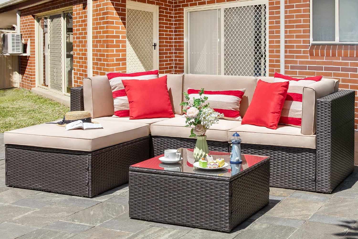 Vongrasig 5 Piece Patio Furniture Sets, Outdoor Patio Set Sectional Sofa, All-Weather PE Rattan Outdoor Couch with Ottoman, Glass Table for Garden, Backyard, Porch, Beige woonhhop