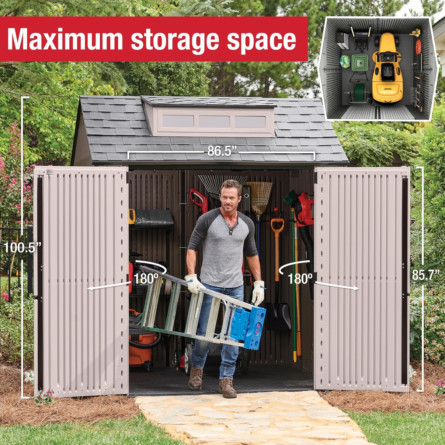 Rubbermaid Resin Outdoor Storage Shed With Floor (7 x 7 Ft) Weather Resistant Gray Organization for Home/Backyard/Garden Tools/Lawn Mower/Bike Storage/Pool Supplies wourant